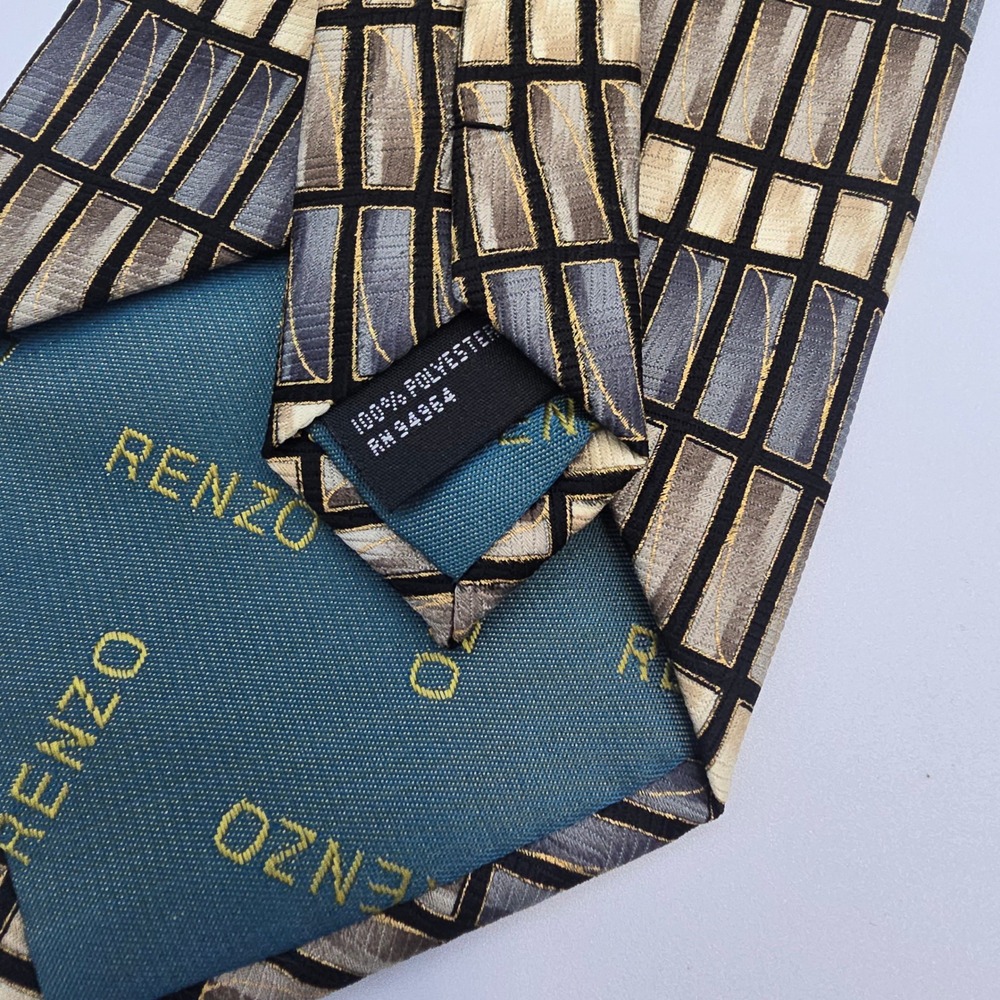 RENZO Men's Geometric Pattern Tie Gold Black Beige Polyester Luxury Neckwear - Picture 5 of 5